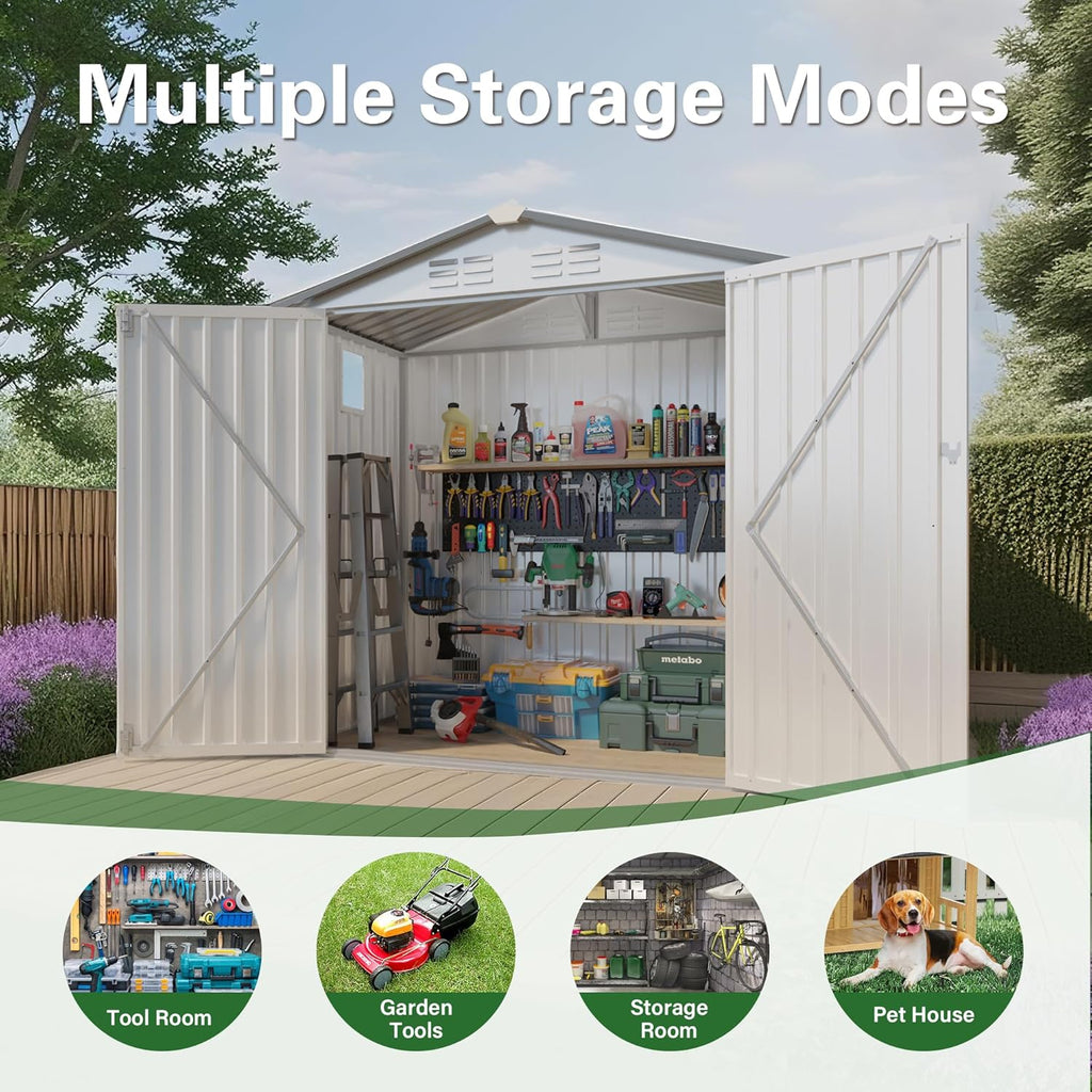 Metal Storage Shed, 6X3.6 FT Lockable Outdoor Tool Shed with Air Vent and Clear Windows, Galvanized Steel Garden Shed for Backyard, Patio, Garden, Bike Storage or Outdoor Use, White