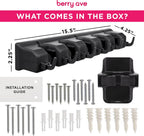 Combo 5 Slot Broom Holder w/ 1 Self Adhesive Mop Gripper No-Drilling, Wall Mount Tool Organizers For Kitchen, Garage, Laundry Room- Anti-Slip Hanger For Brooms, Mops, Rakes, Dustpans (Black / Black)