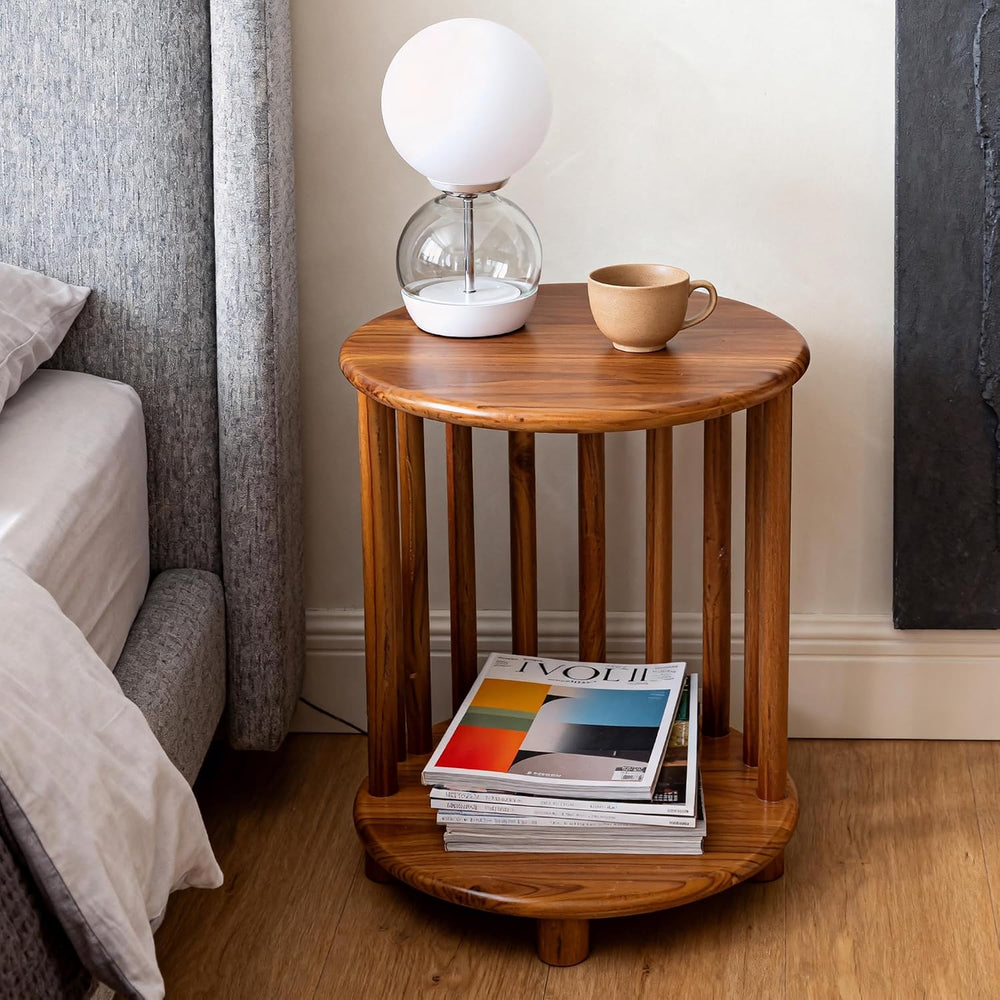 Round Teak End Table with Storage, Nightstand Sofa Side Table for Living Room...