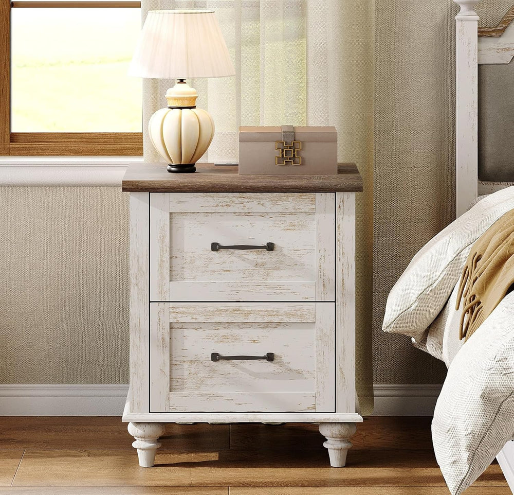 WAMPAT Nightstand Side Table with Charging Station, Antique White End Table w...