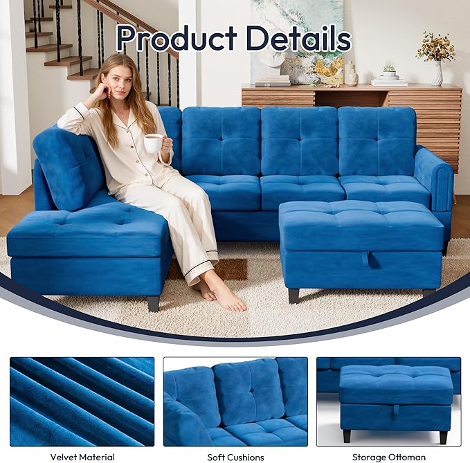 Sectional Couches for Living Room with Movable Chaise & Storage Ottoman - 97.5" Velvet L Shaped Couches for Living Room Apartment, 4 Seat Home Furniture Modular Sectional Sofas, Blue