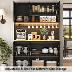 Gyfimoie 71" Kitchen Pantry with Power Outlet & LED Light, Large Kitchen Hutch Cabinet with Adjustable Shelf, Modern Buffet Cabinet with 6 Doors, Food Pantry Storage for Dining Room (Black - 6 Doors)