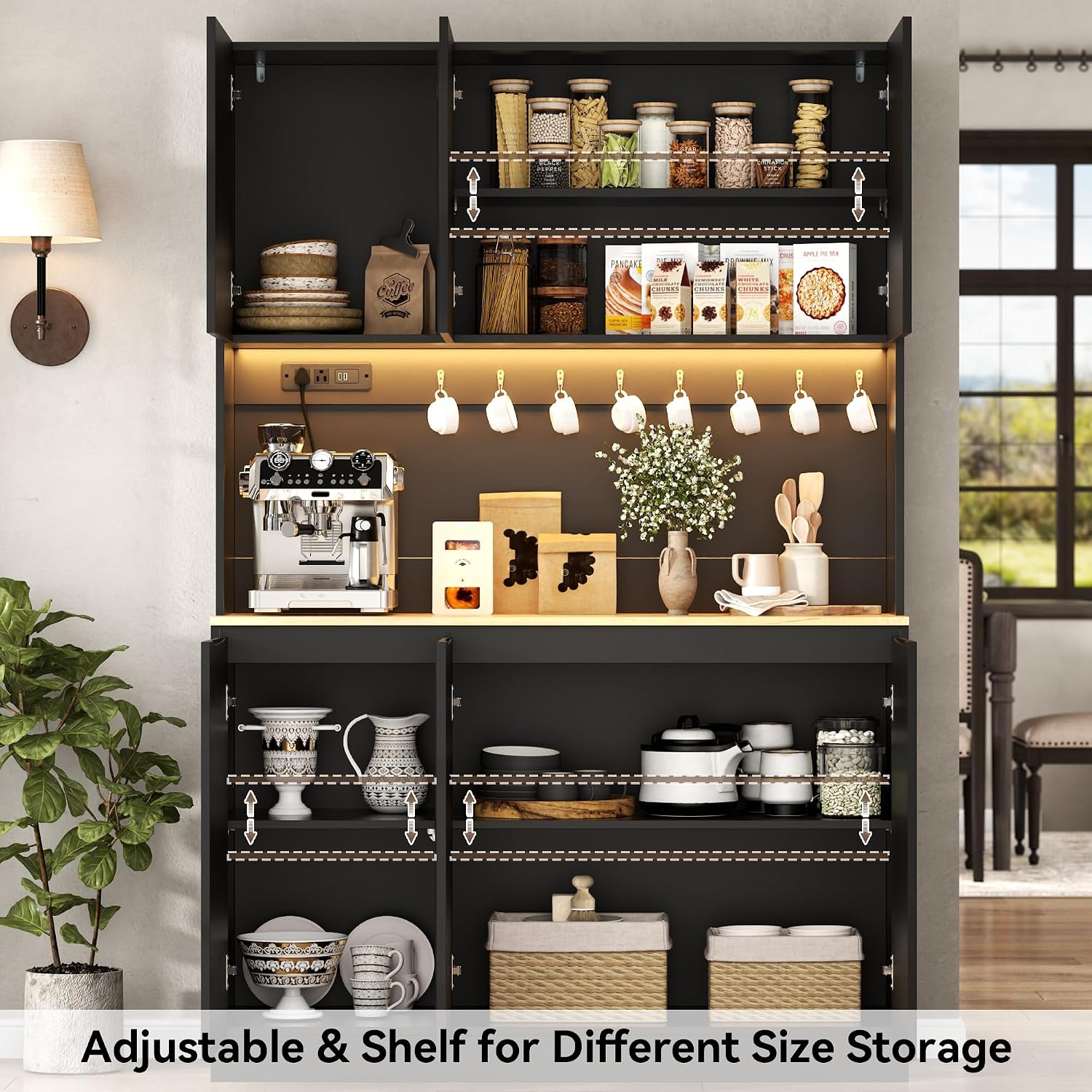 Gyfimoie 71" Kitchen Pantry with Power Outlet & LED Light, Large Kitchen Hutch Cabinet with Adjustable Shelf, Modern Buffet Cabinet with 6 Doors, Food Pantry Storage for Dining Room (Black - 6 Doors)