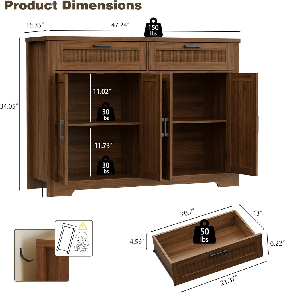Buffet Cabinet with 2 Storage Drawers, Farmhouse Coffee Bar Table with Storag...