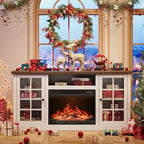ONBRILL 59 Inch Fireplace TV Stand, Entertainment Center with 23 Inch Electric Fireplace, TV Table for TVs up to 65 Inches, Media Console Cabinet with Storage and Glass Doors for Living Room, White