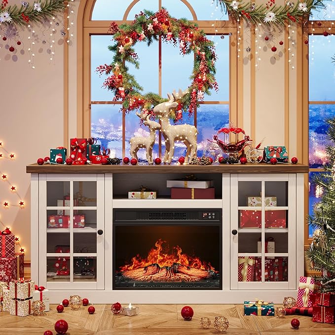 ONBRILL 59 Inch Fireplace TV Stand, Entertainment Center with 23 Inch Electric Fireplace, TV Table for TVs up to 65 Inches, Media Console Cabinet with Storage and Glass Doors for Living Room, White