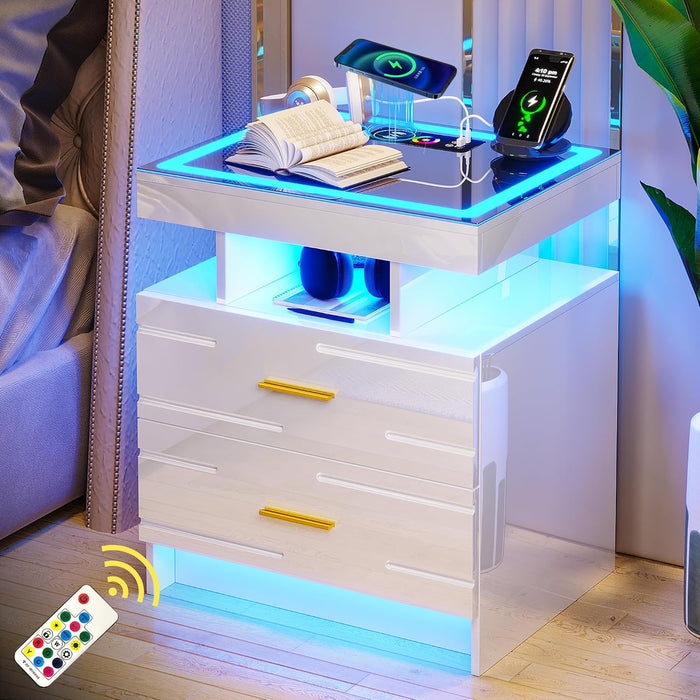 WOOVIVS Smart Nightstand with RGB Lights&Charging Station for Bedroom-White