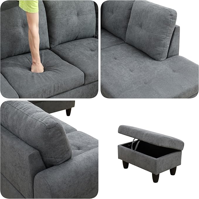 Sectional Couches for Living Room with Movable Chaise & Storage Ottoman - 97.5" Velvet L Shaped Couches for Living Room Apartment, 4 Seat Home Furniture Modular Sectional Sofas, Grey