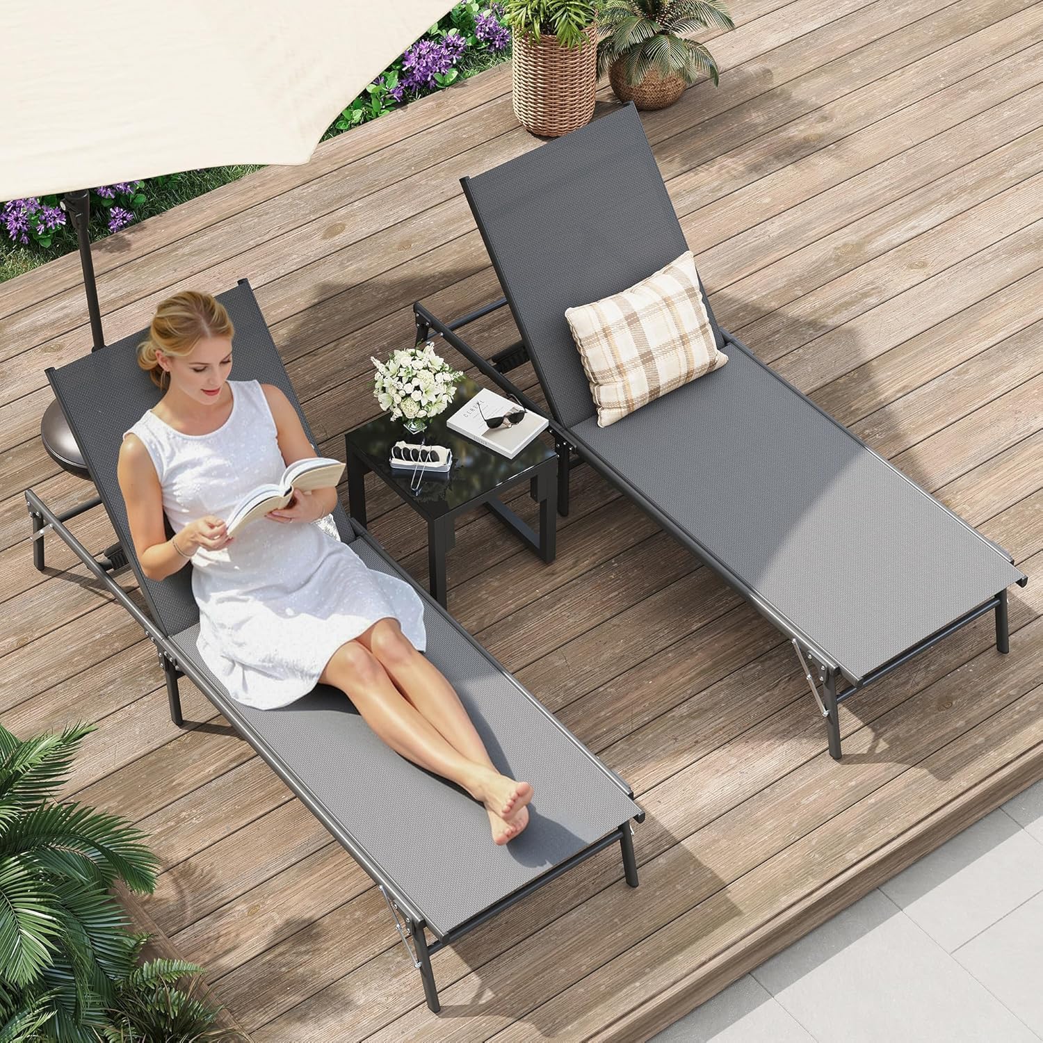 Amopatio Outdoor Lounge Chairs Poolside Chaise Lounge for Patio Set of 2 | with Side Table Foldable Stackble Fully Assembled Weather Resistant 5-Position Adjustable Backrest 400LBS Capacity