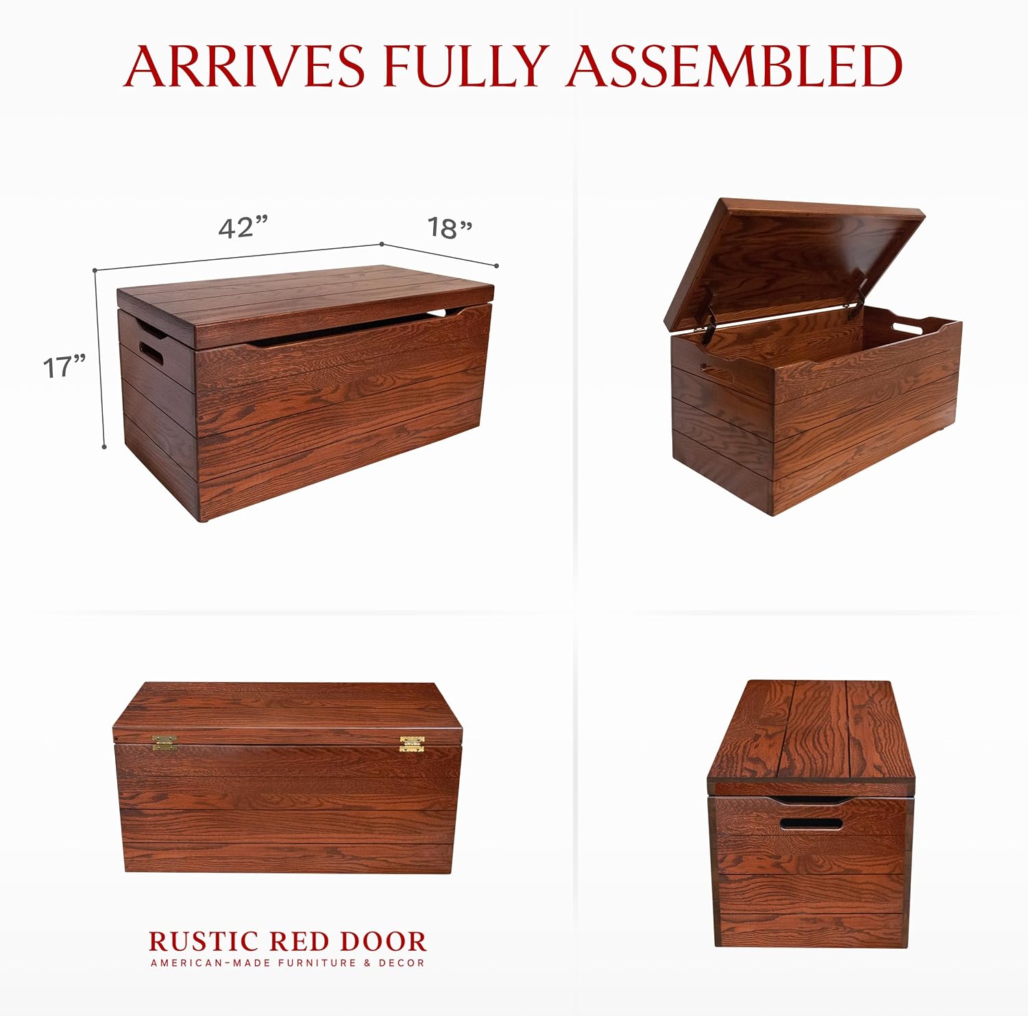 Amish Made Wooden Storage Chest Trunk Box with Lid and Handles for Bedroom, Blanket, Clothes, Anti-Slam Hinges, Handmade, Rustic, Oak Wood, Michaels Stain, 42"