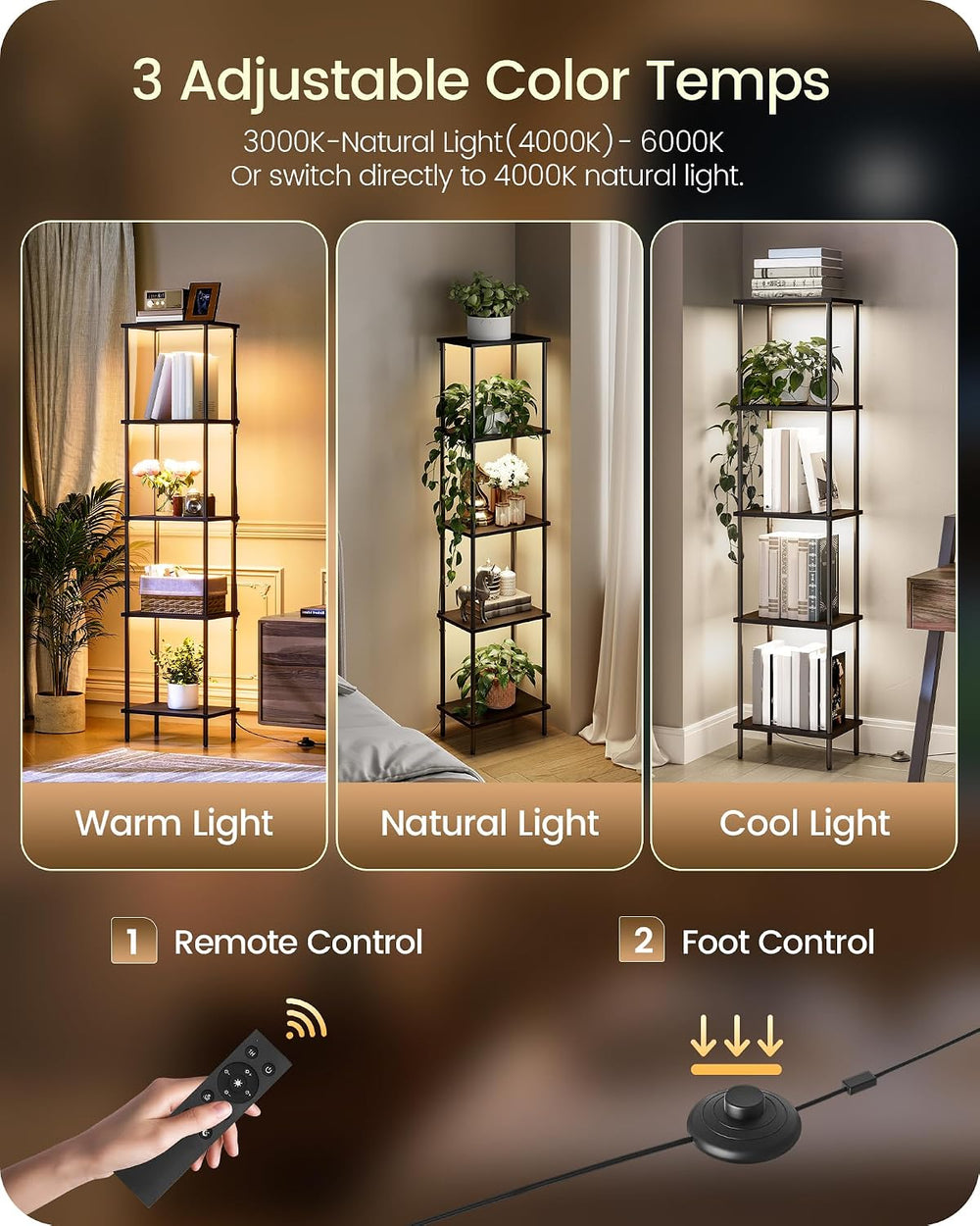 Display Shelf with Light, 5-Tier Shelf Lamp, Corner Floor Lamp with Shelves, ...