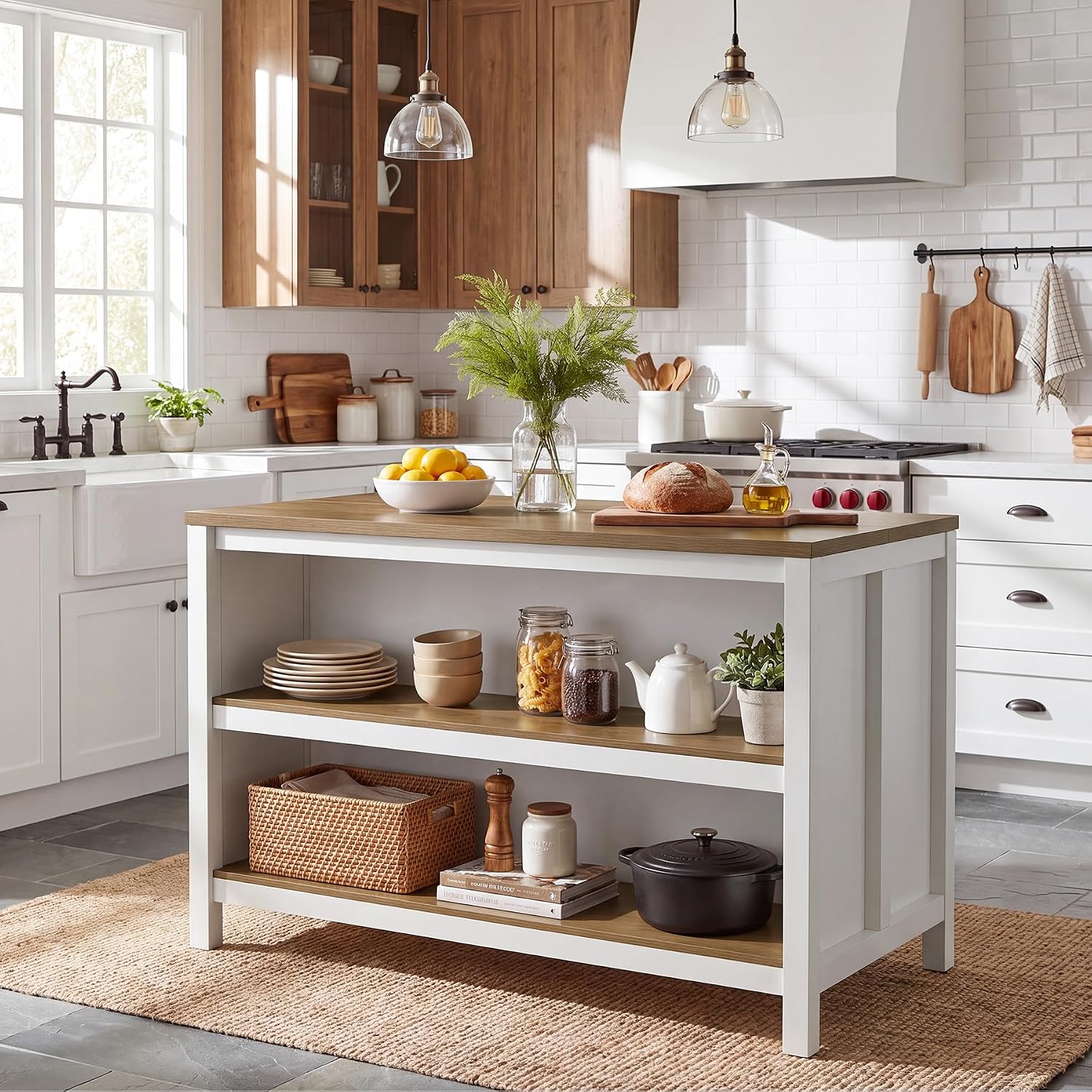 Tribesigns 47 Inch Kitchen Island with Storage and Seating, 2-Tier | Farmhouse Wooden Stationary Island Table, Large Worktop, Rustic Counter Height Dining Table