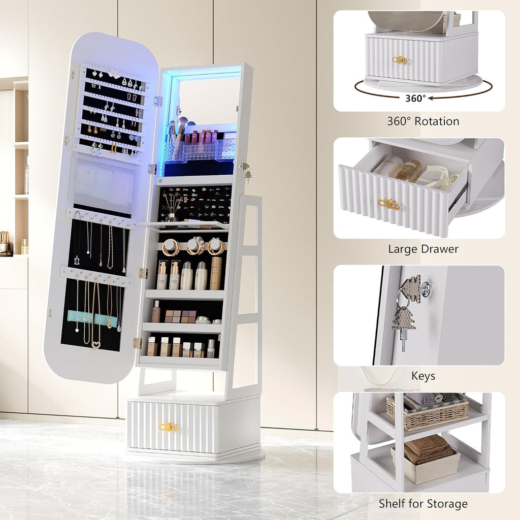 360°Swivel jewelry organizer with Full Length Mirror with Lights,Jewelry Armoires Cabinet Standing with Drawer,Large Mirror Storage for Jewelry and Makeup（White）