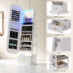 360°Swivel jewelry organizer with Full Length Mirror with Lights,Jewelry Armoires Cabinet Standing with Drawer,Large Mirror Storage for Jewelry and Makeup（White）