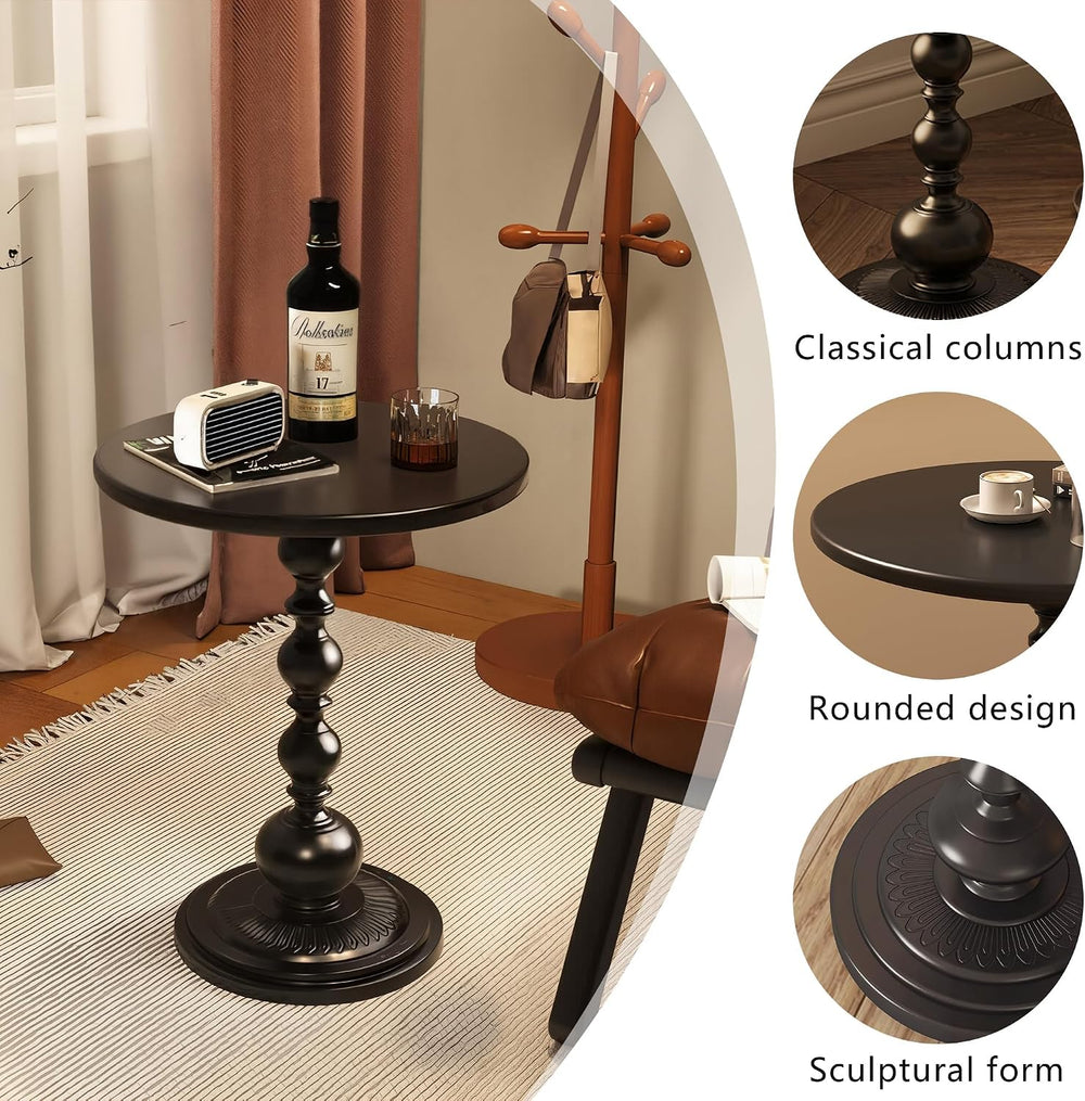 Black Metal End Table, Small Round Side Table | Vintage Matte Black Pedestal,...