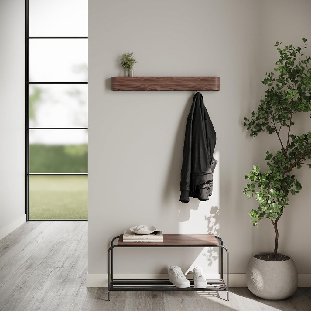 Kazai. Wall-Mounted Coat Rack 'Toke' - Modern Design with Hidden Wall Hooks - Solid Wood Veneer Panel Coat Hanger - Walnut