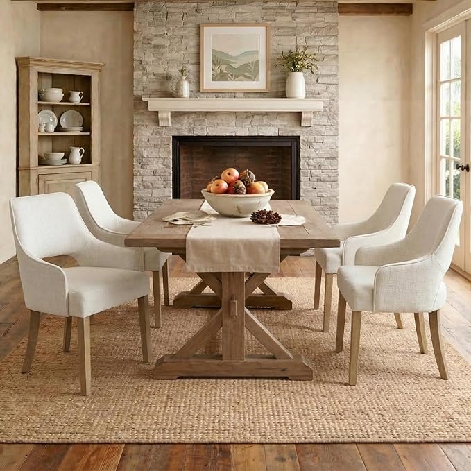 Farmhouse Dining Chairs Set of 2 Linen Kitchen Chairs with Arm Upholstered Accent Side Chair w/Wood Legs for Living Room/Dining Room/Bedroom/Restaurant, Upgraded Size, Cream