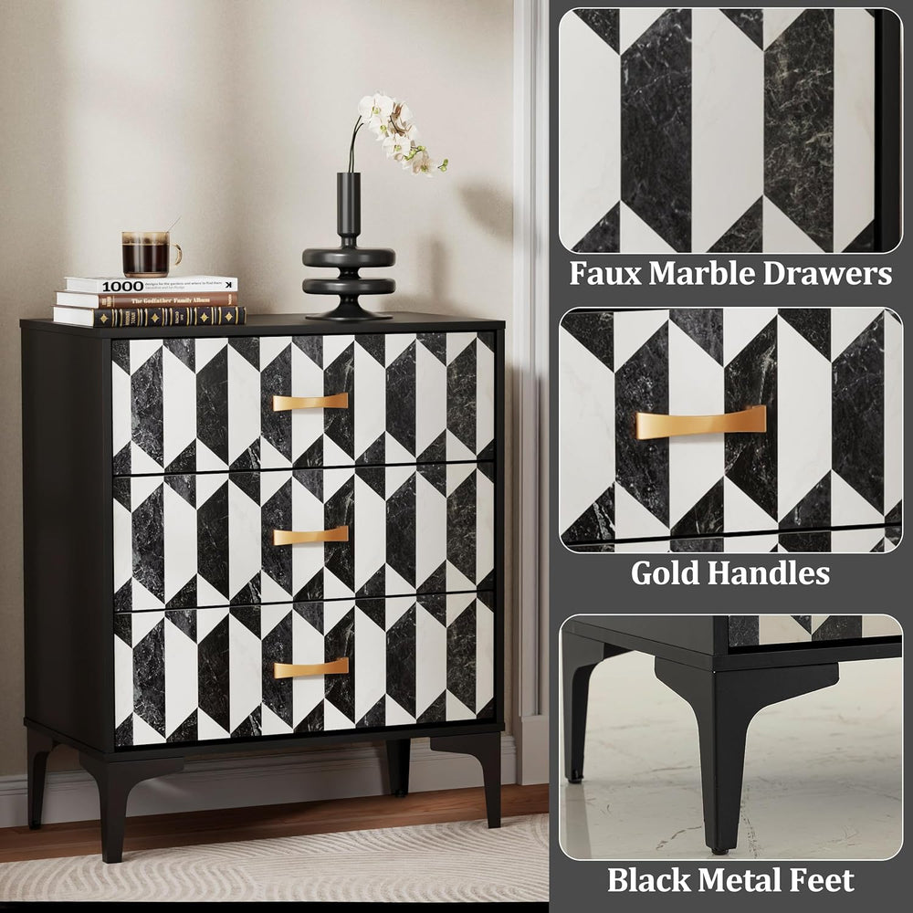 Anbuy Black Marble Nightstand, Modern Night Stand with 3 Drawers for Bedroom,...