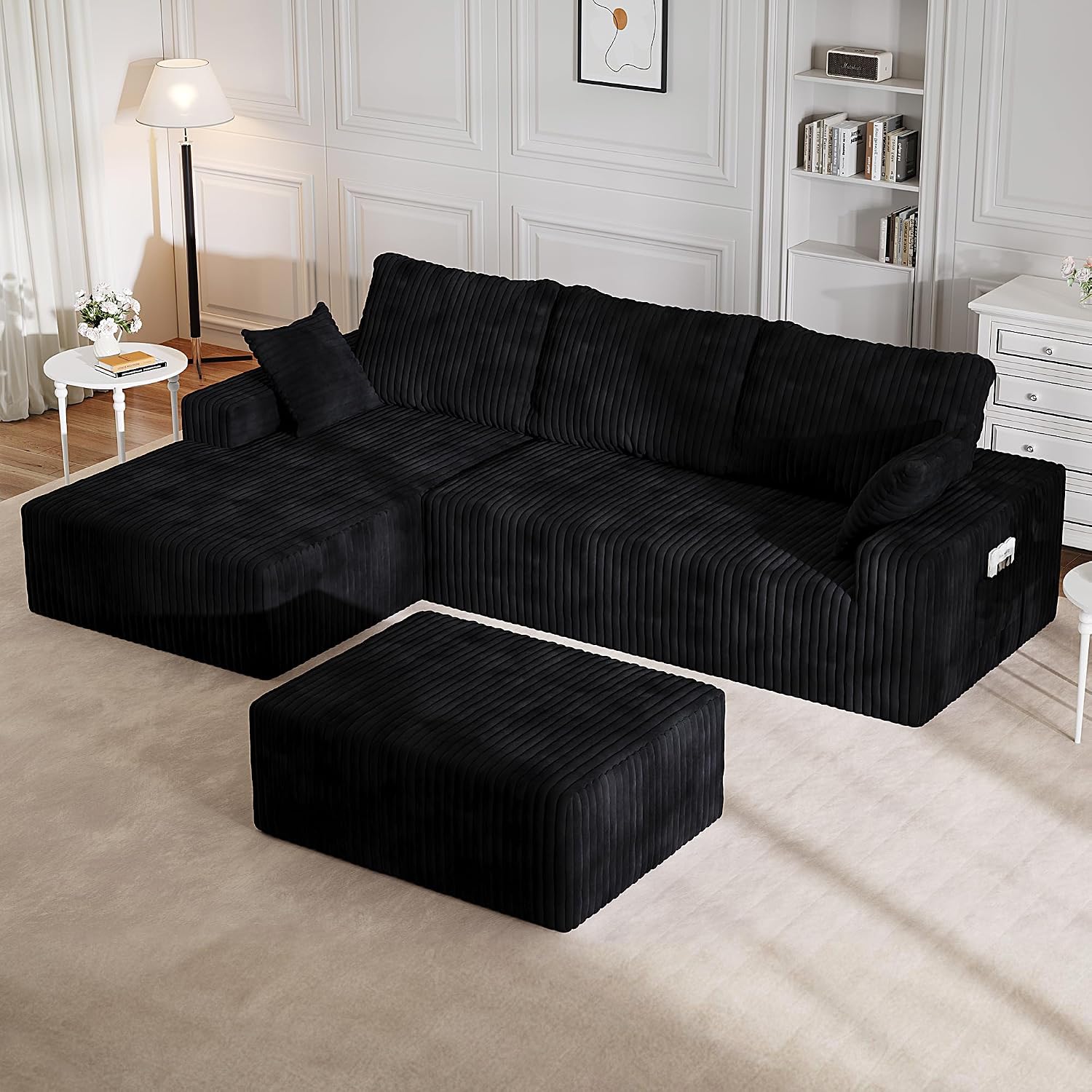 39" L Shape Sectional Sofa Ottoman, Boneless Oversized Chaise Modular Ottoman Couches for Living Room, Office, Apartment (Black)