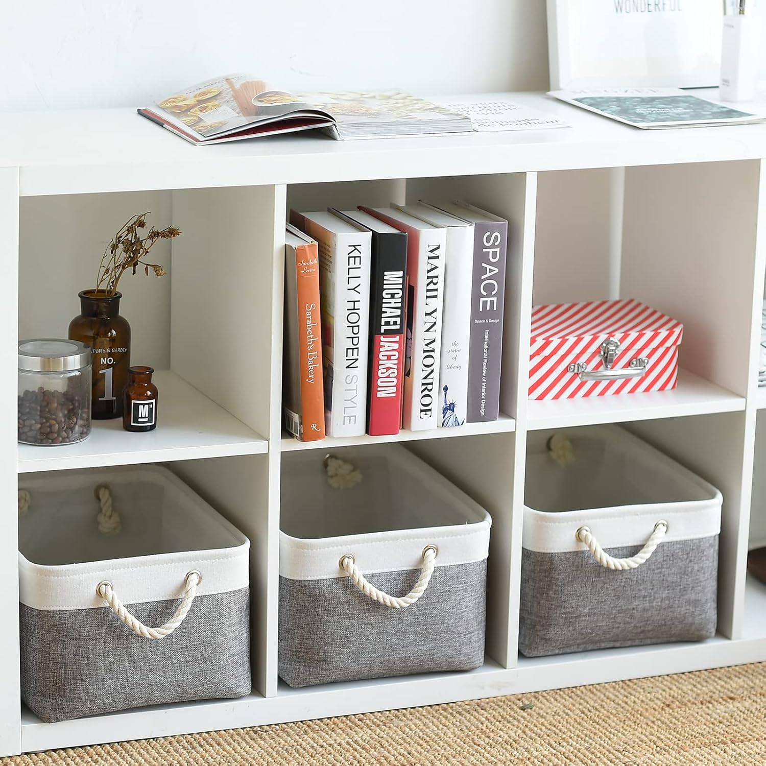 Large Storage Baskets for Shelves, Fabric Baskets for Organizing, Collapsible Storage Bins for Closet, Nursery, Clothes, Toys, Home & Office [3-Pack, White&Grey]