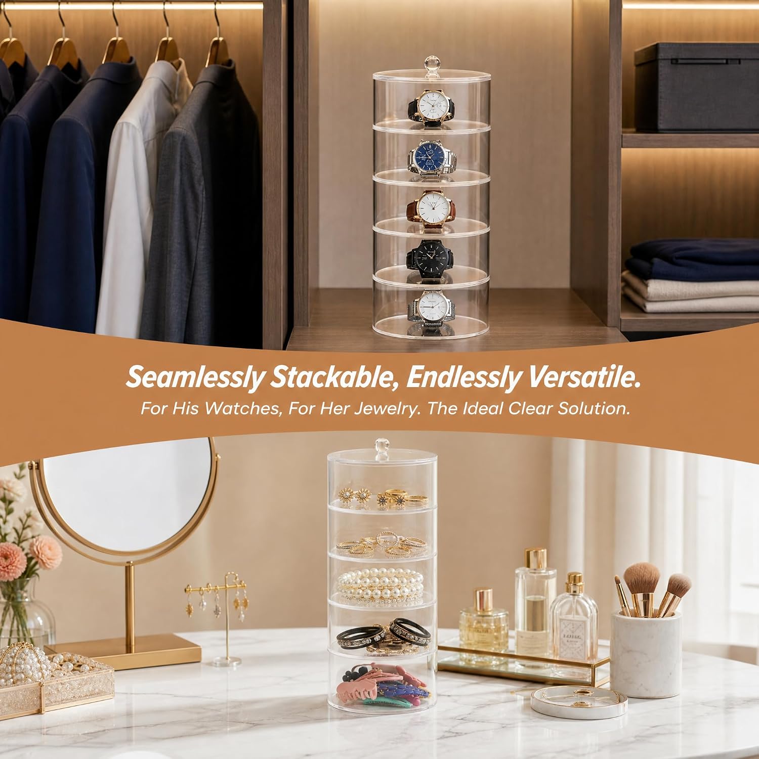 ZENFUN 5 Layers Acrylic Belt Organizer, Stackable Belt Storage Box Clear Display Case Vanity Organizer for Watch, Hair Accessories, Jewelry, Closet and Drawer, 2.6" H x 5.5" Dia