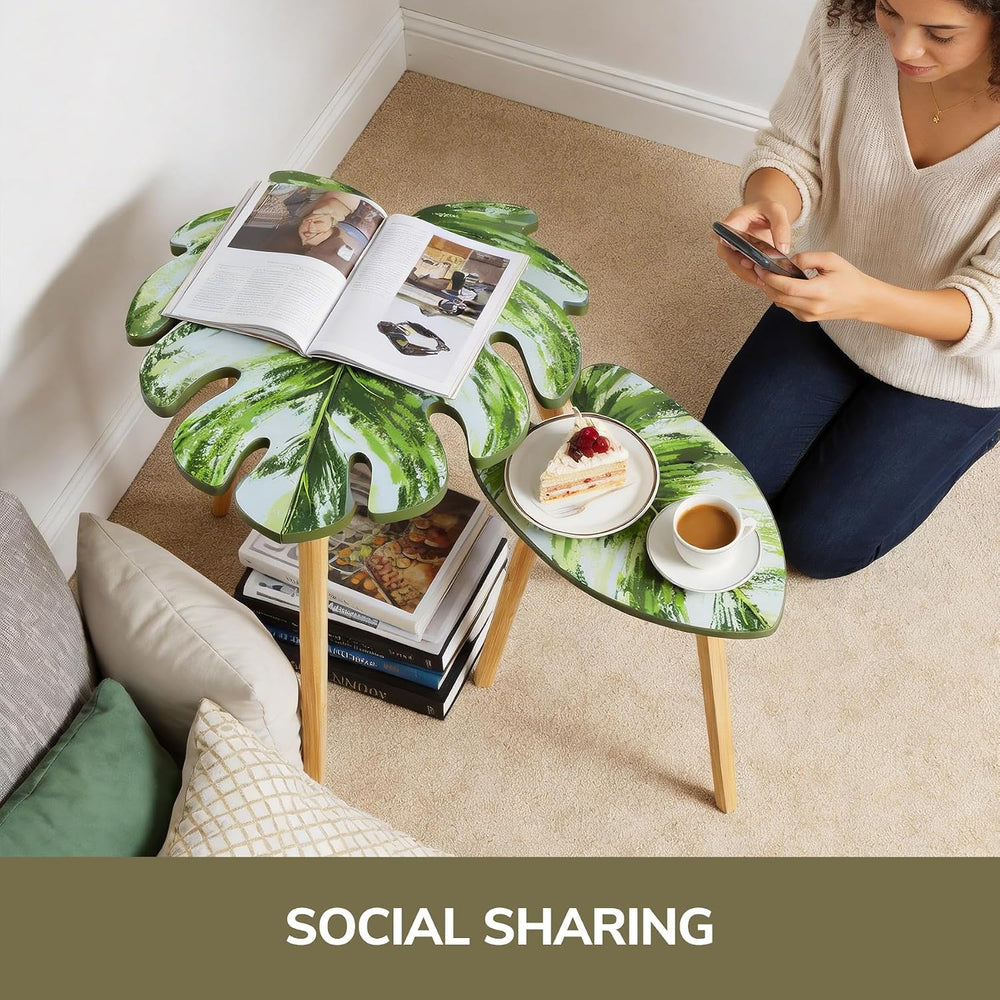 BAMEOS Monstera Leaf Nesting Tables Set of 2, Small Side Tables f Set with Le...