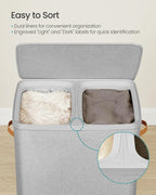 SONGMICS Laundry Basket, 44.9 Gal. Laundry Hamper, 2 Compartments, Easy Assembly, with Lid and Handles, Removable Inner Bags, 22 x 15.7 x 29.5 Inches, Dove Gray ULCB813G01
