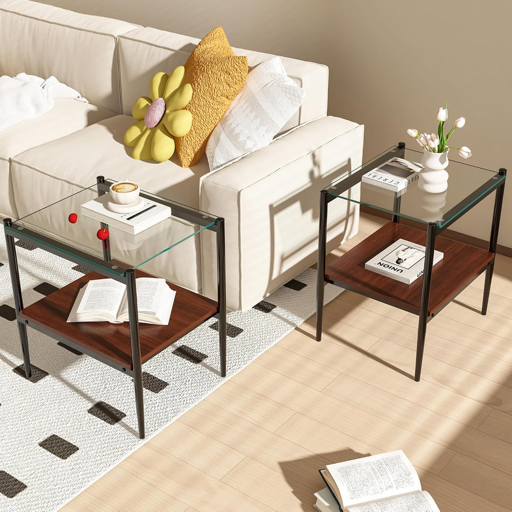 Set of 2 Rectangle End Tables, Tempered Glass Top Nightstands with MDF Shelf,...