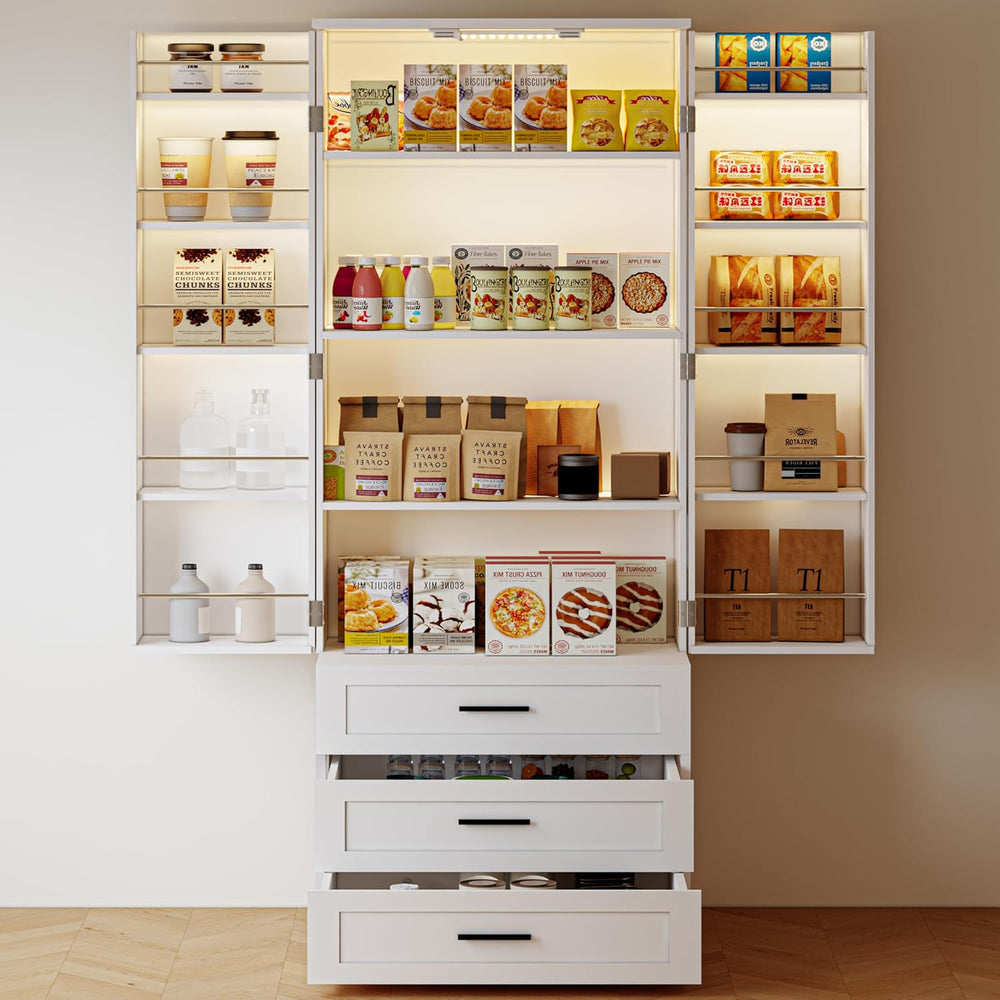 FJTJBSI 72" LED Kitchen Pantry Cabinet with 3 Drawers Farmhouse Tall Sto...