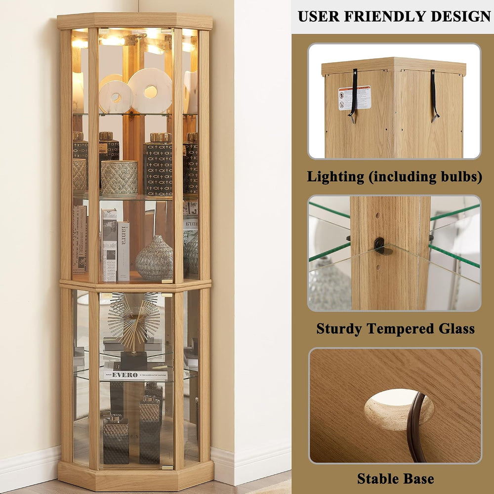 69" H Lighted Corner Display Cabinet, Curio Corner Glass Cabinet w/Adjus...