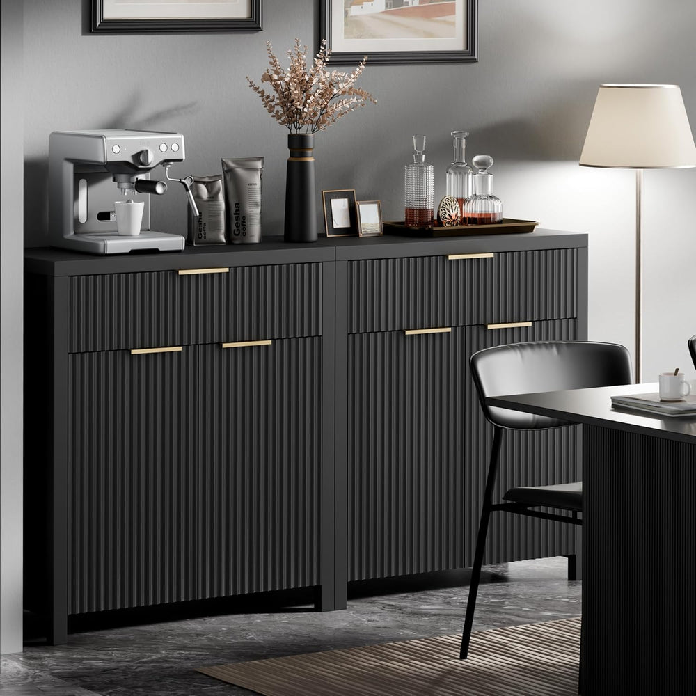 Lulive Black Fluted Storage Cabinet with Drawers Buffet Sideboard Cabinet wit...