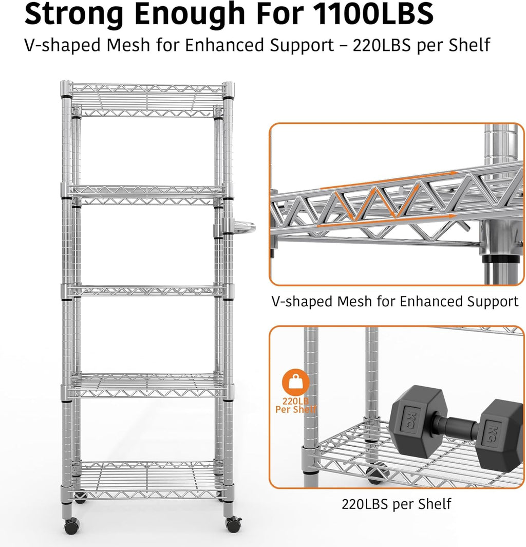 5-Tier Metal Storage Shelving Unit with Wheels, Adjustable Wire Shelf Rack with Side Handle, Stable Metal Shelves Organizer for Pantry, Kitchen and Closet,11.8" W x 23.6" D x 61" H