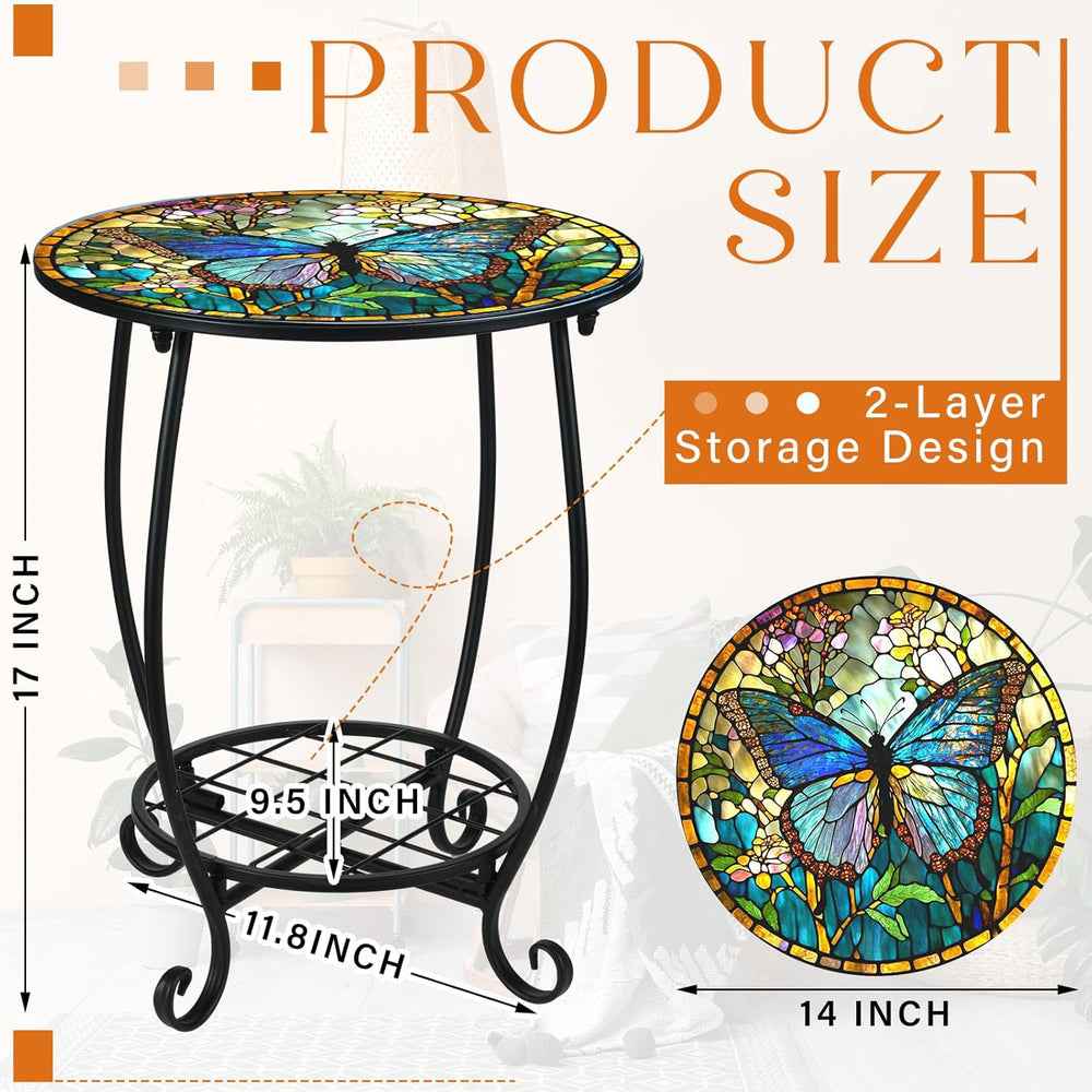 Cinnvoice Outdoor Side Table Round Small Mosaic Patio Accent Indoor End Plant...