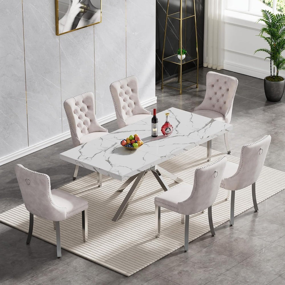 70 inch Faux Marble Dining Table for 4-6, Modern Kitchen Table with White Fau...