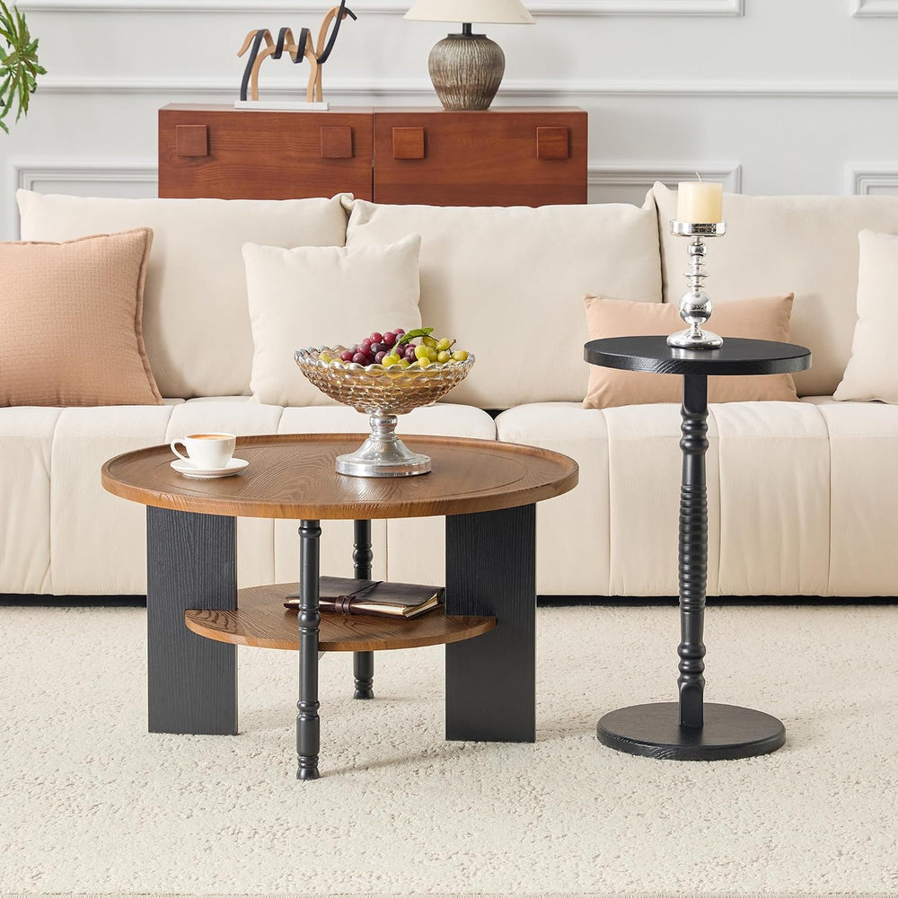2-Piece Coffee Table Set, Walnut and Black Wood Grain, Side Table | Wood Grai...