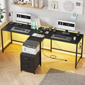 T-Shaped 2 Person Desk with Power Outlet, Long Two Person Gaming Table with LED & Fabric Drawers, 81.2'' Computer Desks with File Cabinet, Double Workstation for Home Office, Black