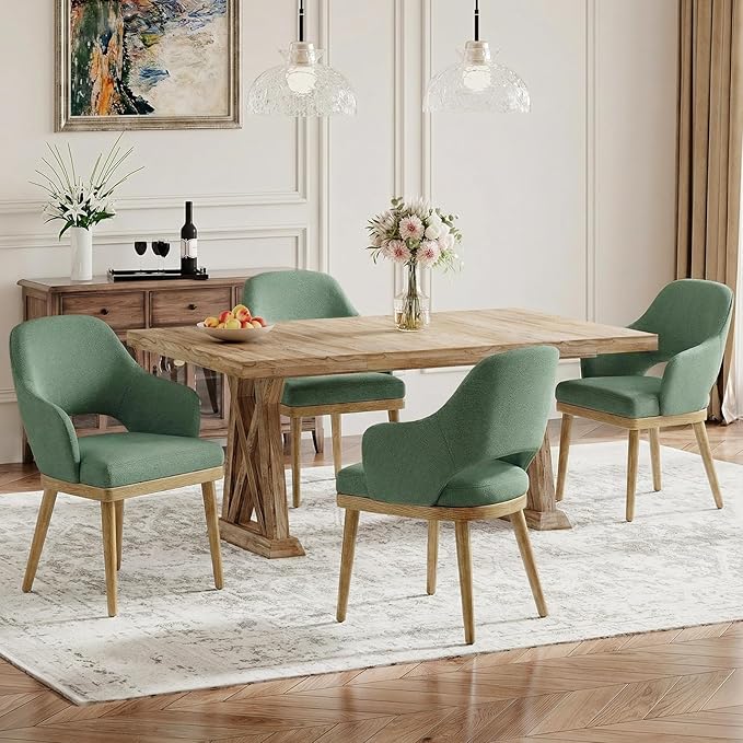Wooden Dining Chairs Set of 4, Modern Fabric Upholstered Dining Room Chair, Kitchen Side Chairs, Farmhouse Dinner Chair with Open Back for Kitchen, Green