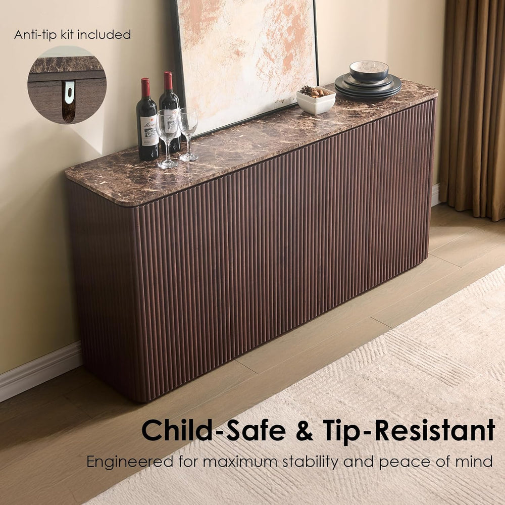 Fluted 4 Doors Sideboard Cabinet with Storage, 64" Wooden Credenza with ...