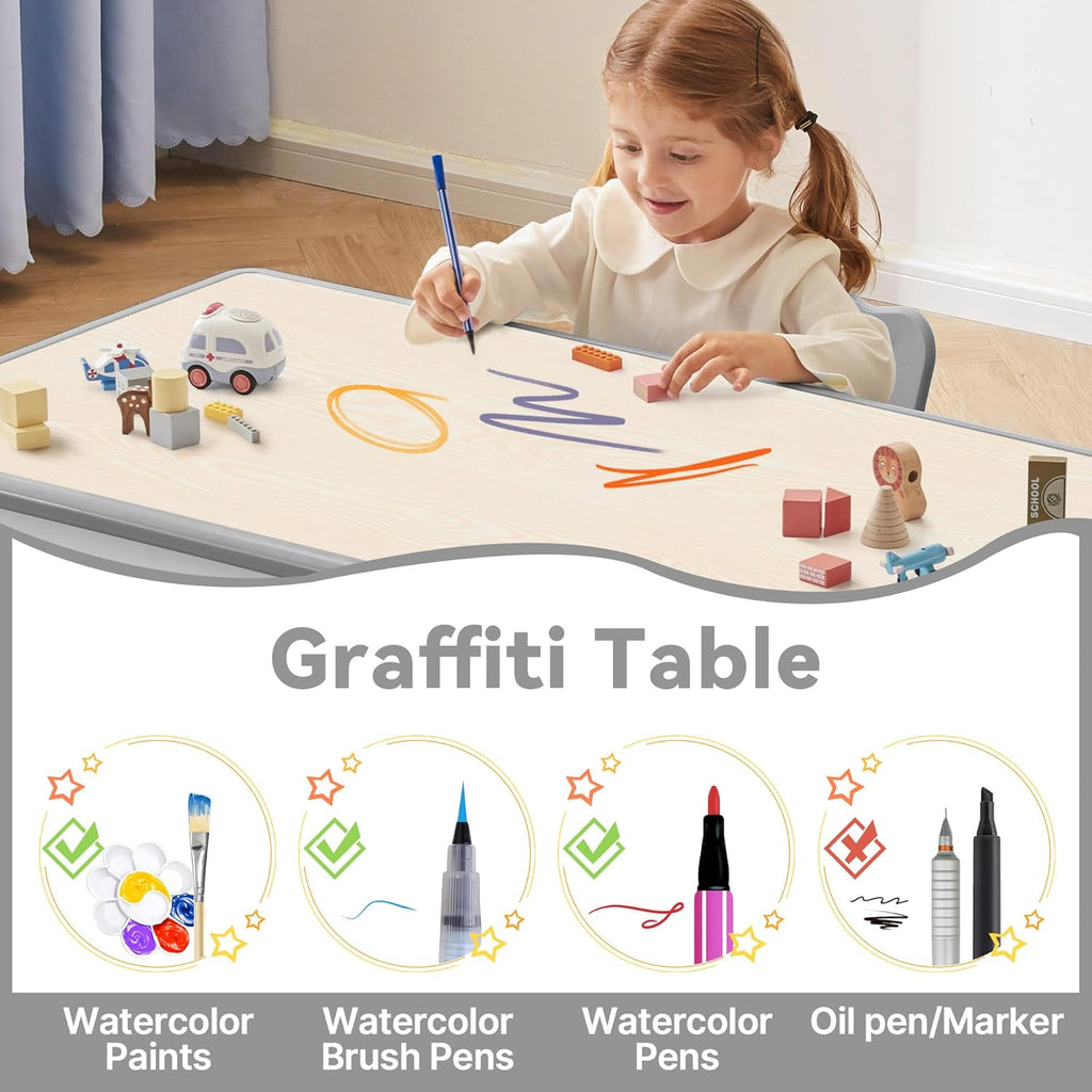 GITAWUSA Kids Study Table and Chairs Set, Height Adjustable Toddler Table and Chair Set for Kids Ages 3-8, 31.5" L x 23.6" W Graffiti Desktop Plastic Children Art Table with 2 Seats, Grey
