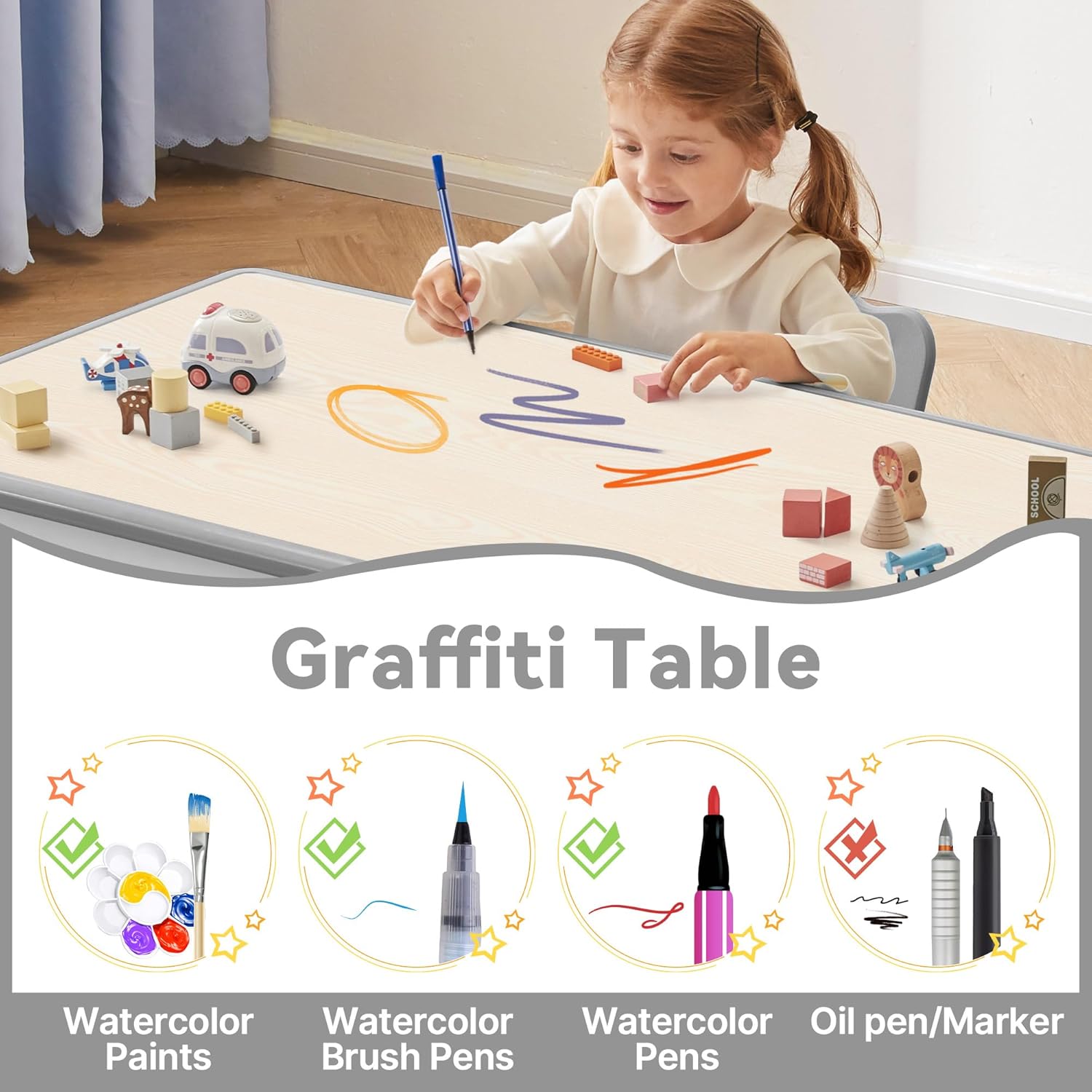 GITAWUSA Kids Study Table and Chairs Set, Height Adjustable Toddler Table and Chair Set for Kids Ages 3-8, 31.5" L x 23.6" W Graffiti Desktop Plastic Children Art Table with 2 Seats, Grey