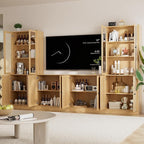 TUSY 71" TV Stand Storage Set - 2 Tall Bookcases & 2 Side Cabinets, Media Console with Glass & Wood Doors, Entertainment Center with Drawers, Tall Media Console for Living Room (Wood, ACCA)