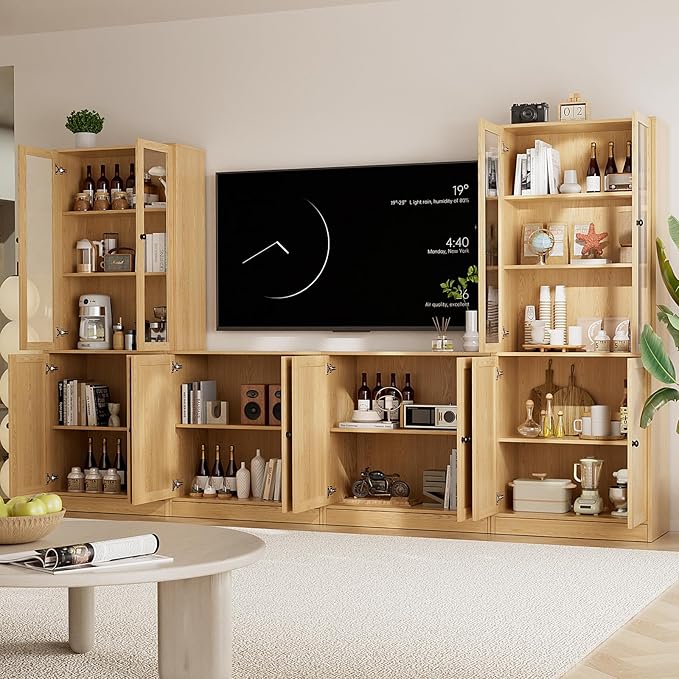 TUSY 71" TV Stand Storage Set - 2 Tall Bookcases & 2 Side Cabinets, Media Console with Glass & Wood Doors, Entertainment Center with Drawers, Tall Media Console for Living Room (Wood, ACCA)