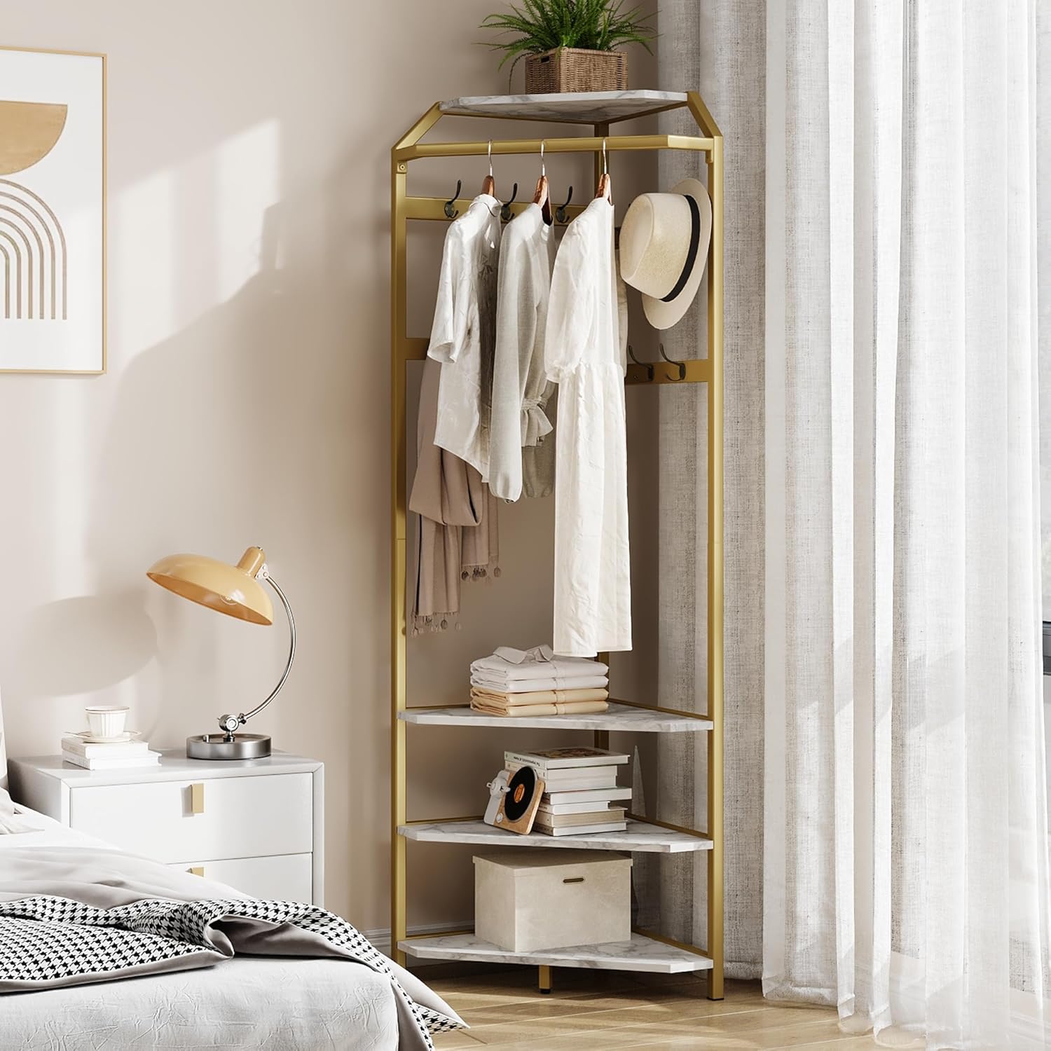 IDEALHOUSE Corner Coat Rack With Shoe Bench and 6 Double Hooks, Corner Hall Tree - Clothes Rack With Storage Hall Tree With Organizer Shelf for Entryway, Hallway, Closet (02-Gold)