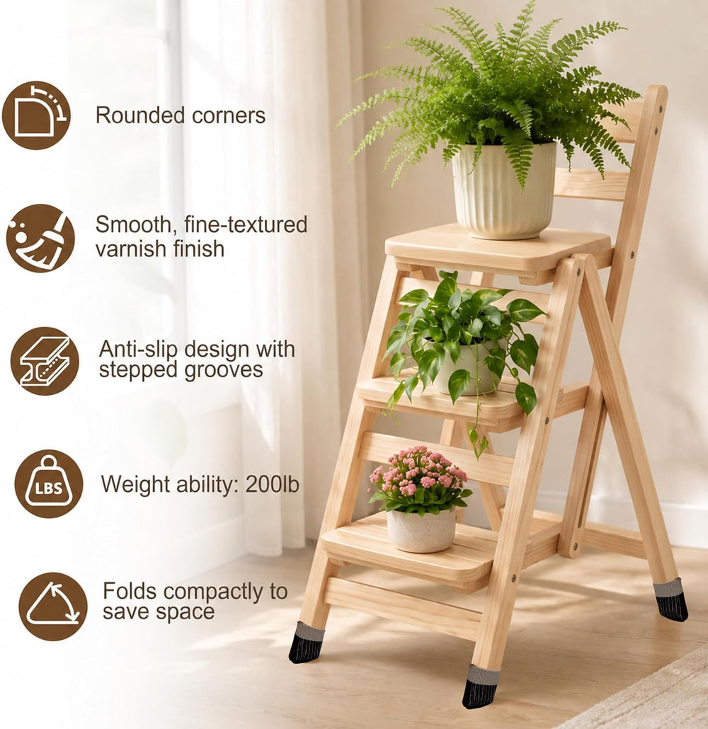 Folding Bar Stool, 3 Step Portable Adults Solid Wood Ladder Stool, Wood