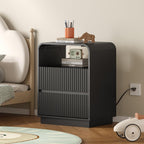Dresser with 2 Drawers and Charging Station, Fluted Bedside Table with Round Curved Corner, Hidden Handles, 2 AC Outlets and 2 USB Ports, Modern Wood End Table with Open Shelf for Bedroom