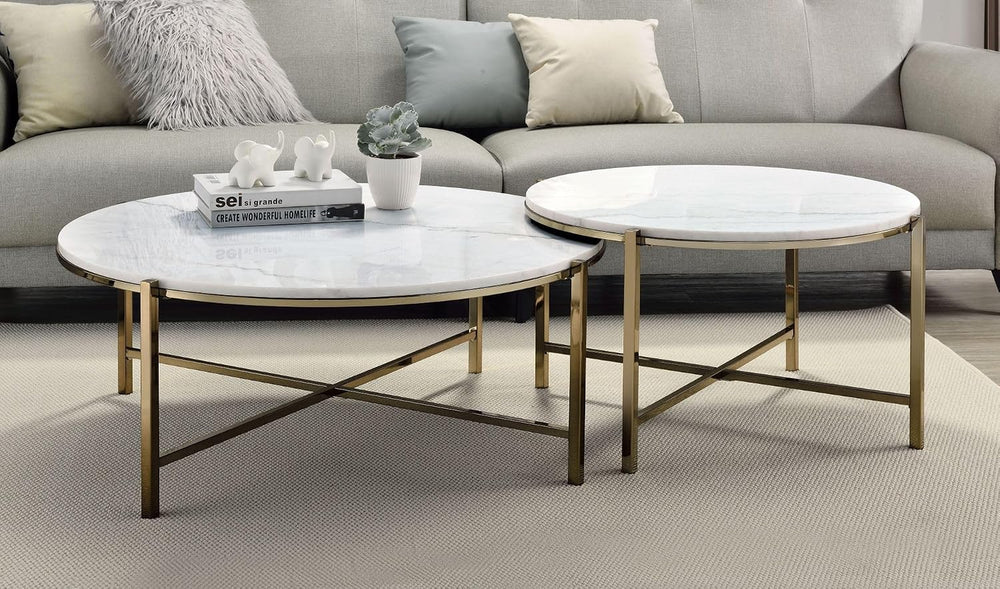 Marble Top & Nickel Finish Nesting Table Set with White | Luxurious 2-pie...
