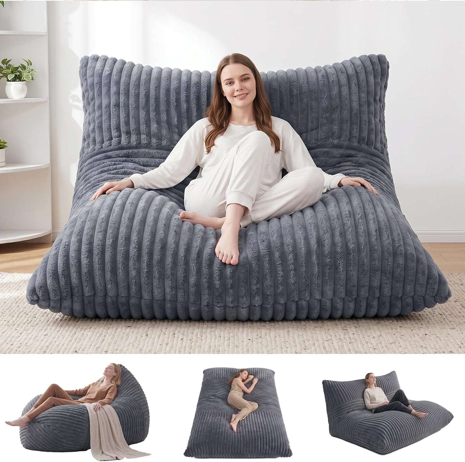 3 in 1 Bean Bag Chair with Memory Foam Filler, Beanbag Chairs for Adult with Washable Cover, Fluffy Oversize Bean Bag Chair Reading Lounger for Bedroom & Living Room (Dark Grey)