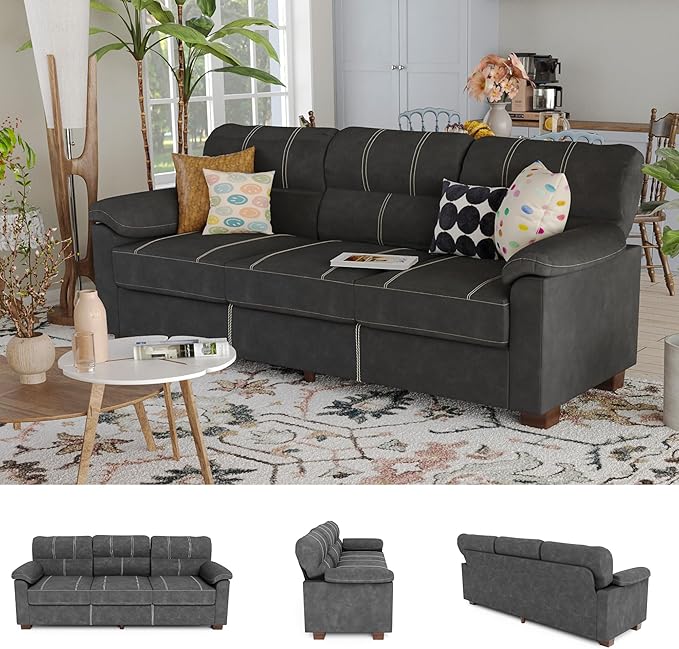 80 Inch Dark Grey Faux Leather Sofa Couch - Wide Armrests with 2 Pillows, Deep Seats, Contrast Stitching, 3 Seater Leather Couches for Living Room, Bedroom, Apartment