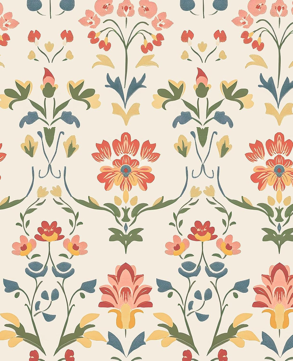 Vintage Cream Folk Art Floral Peel and Stick Wallpaper 17.5" x 197"