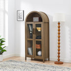 67" Arched Cabinet with Glass Doors: Pantry Cabinets for Kitchen Storage,Modern Retro Style Wooden,Book Display Shelf with Adjustable Glass Partitions & Light - for Kitchen,Entryway